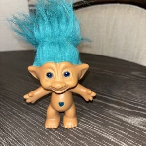 Vtg 90s Ace Novelty Treasure Troll Doll 4" Turquoise Teal Hair & Star Belly Gem